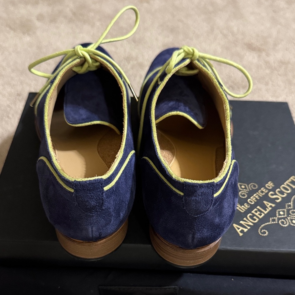 Angela Scott Navy Suede Lace-Up Loafers with Lime Trim - Picture 3 of 7